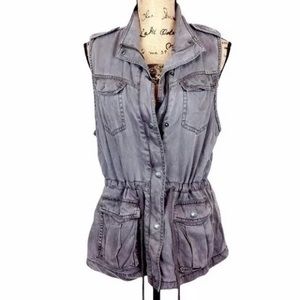 NEW Max Jeans Tencel Drawstring Vest Elephant Gray, with zip and snap closures.